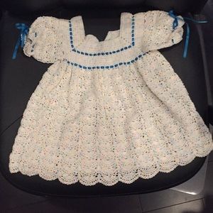 Vintage crochet handmade baby dress w/ bonnet and booties.
